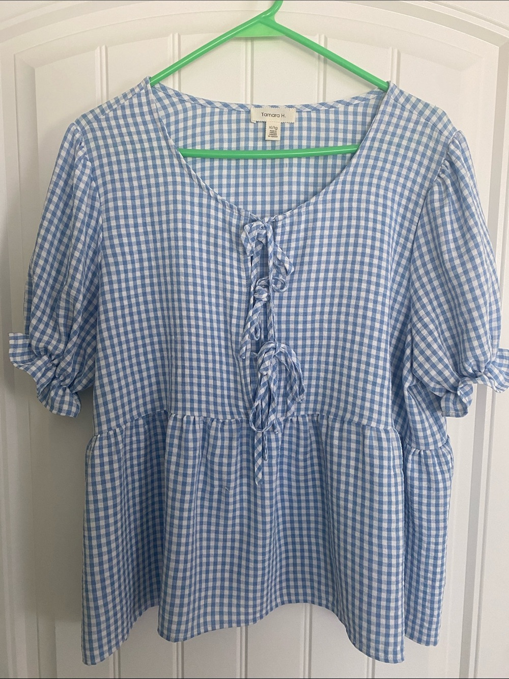 Blue Gingham Tie-Front Peplum Top